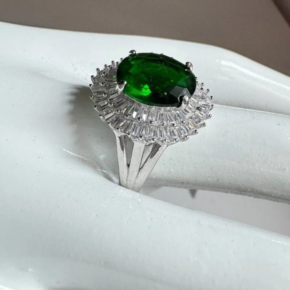 Cate D'Argent Green Stone Sterling Silver CZ Larg Coctail Ring 9 - Picture 9 of 11